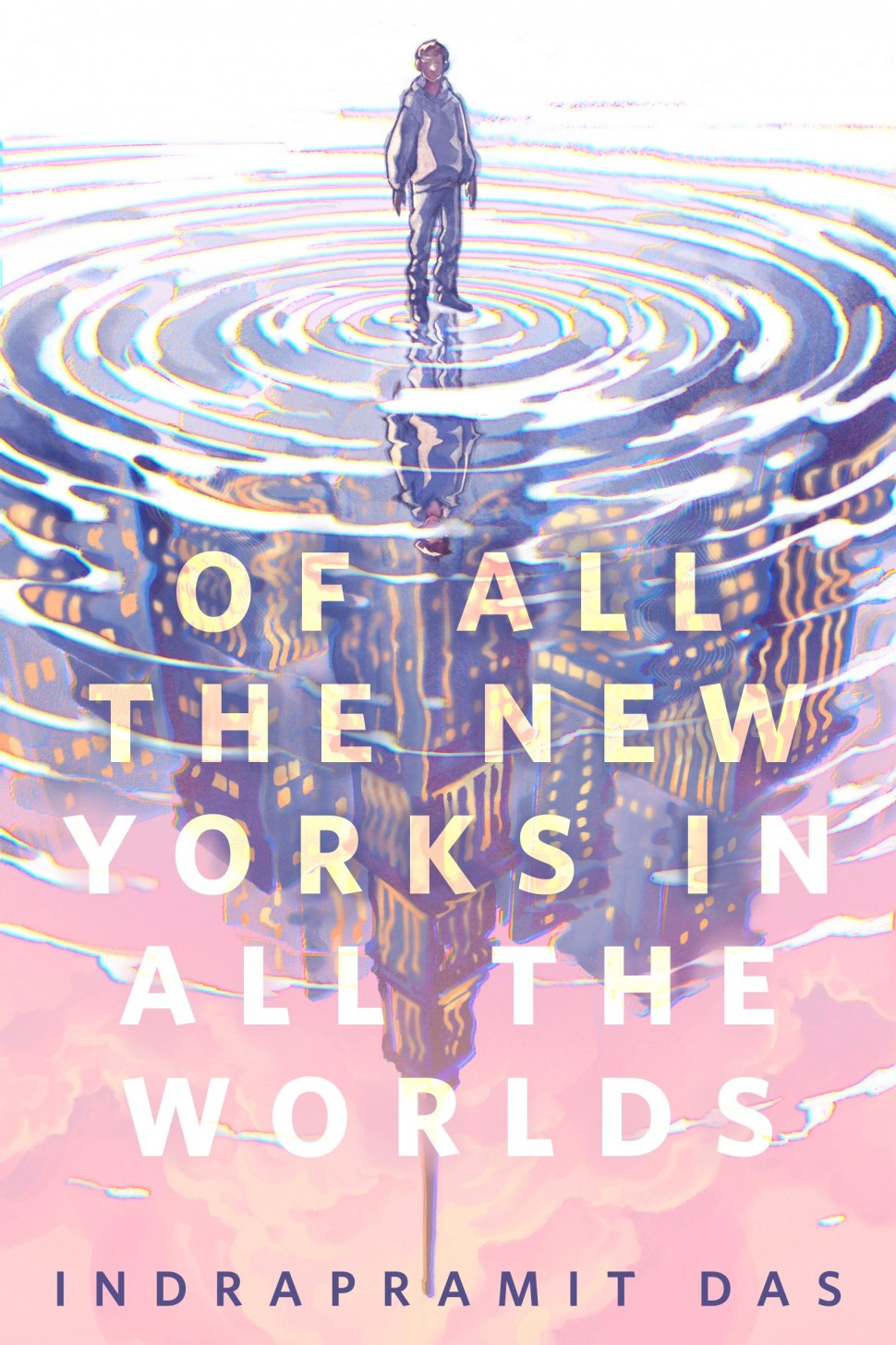 Art by Ashley Mackenzie of a young brown man in hoodie and trousers standing in a rippling pool of water that reflects New York City and its lights below his feet.