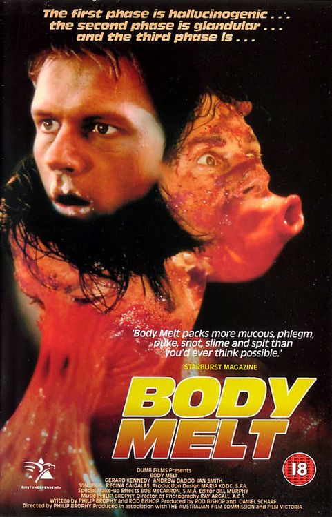 VHS tape cover art for the film Body Melt, showing a collage of goopy, melting flesh faces against a black background, and the title in bold yellow letters.