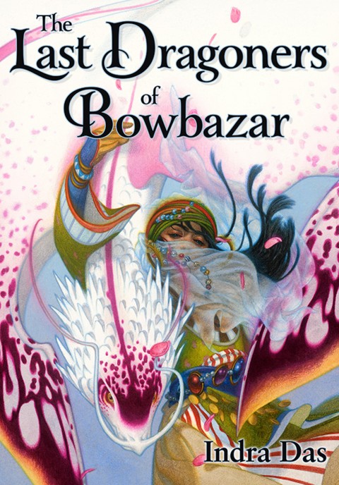 Cover art for my novella The Last Dragoners of Bowbazar, by Tran Nguyen. A painting of an androgynous figure of uncertain gender in elaborate, brightly patterned robes and jewellery, a veil over their face, stroking the long neck of a dragon enfolding them in its wings, its skin and scales white and violet, reminiscent of a flower's petals.